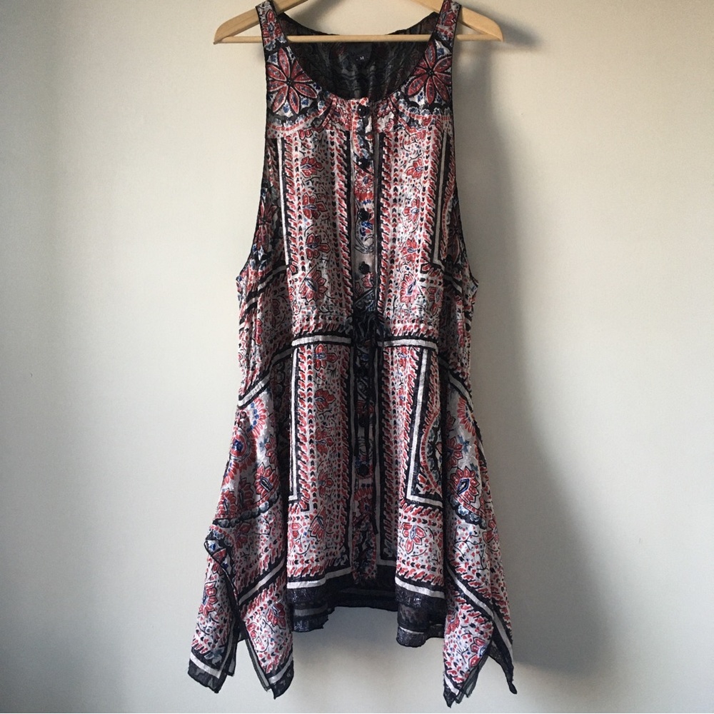 Anna Sui sleeveless dress boho chic bandana tunic Size M BLACK RED MULTI